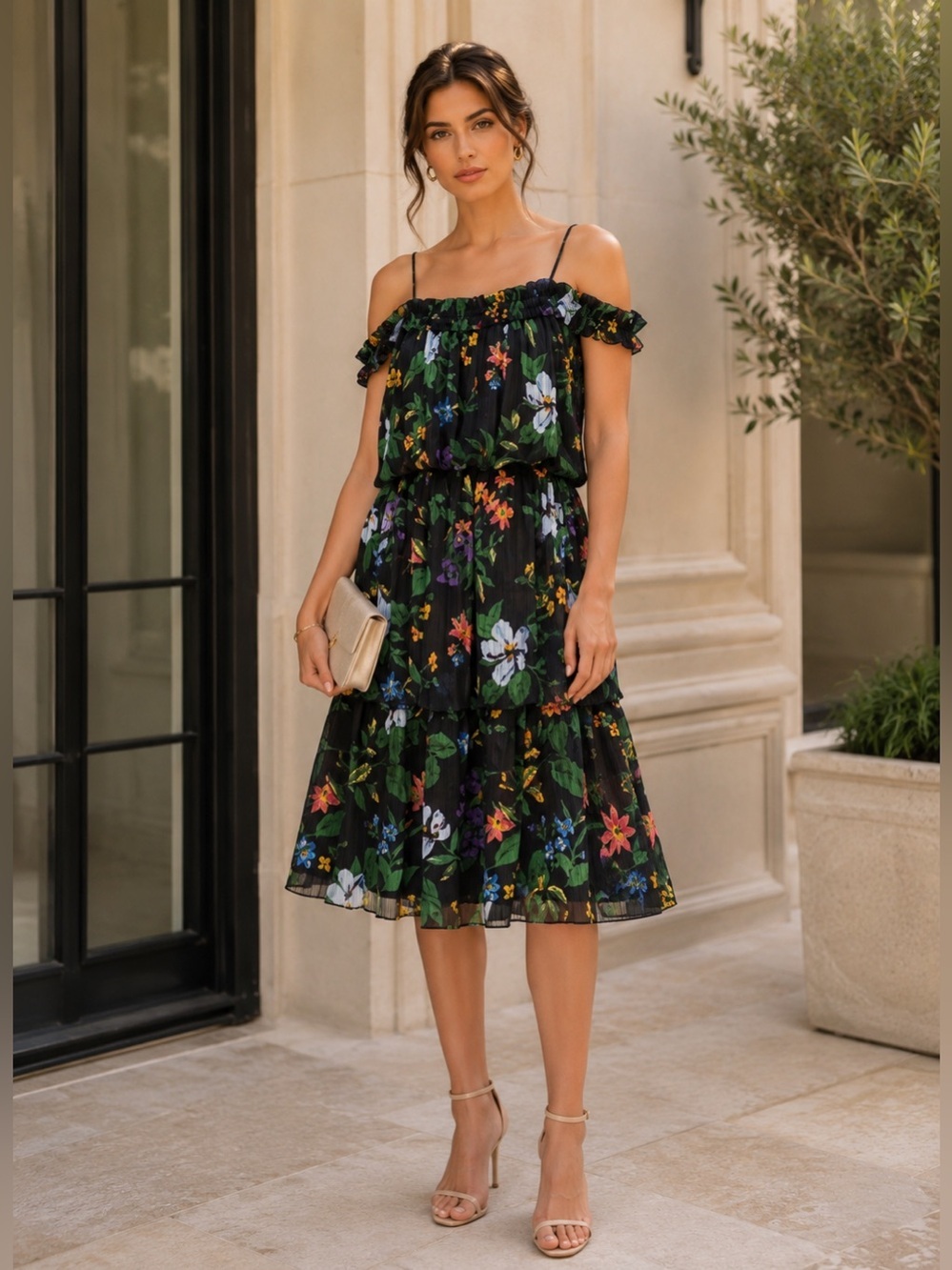 Club Monaco | Lonto Tropical Tiered Navy Floral Print Silk Dress - Size 00